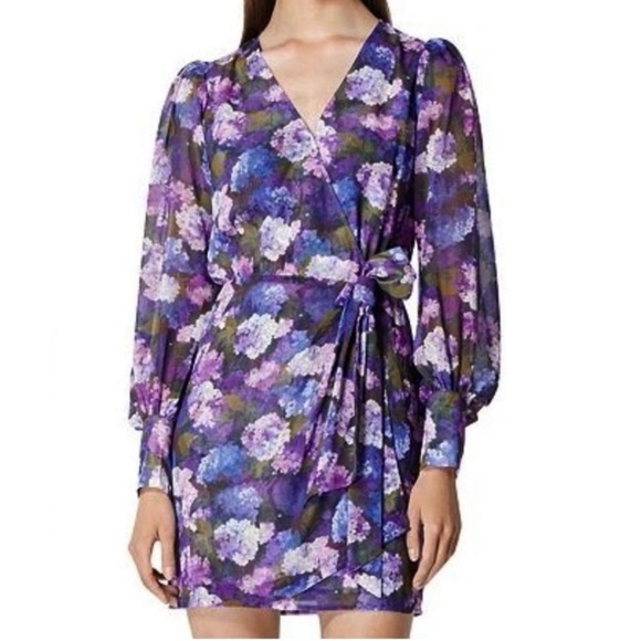 The Kooples Purple Garden Floral Puff Sleeve Wrap Mini Dress New - Picture 3 of 6